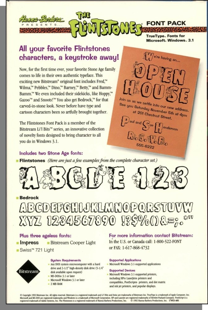 The Flintstones True Type Font Pack (1992) - New 3.5" Diskette for Windows!