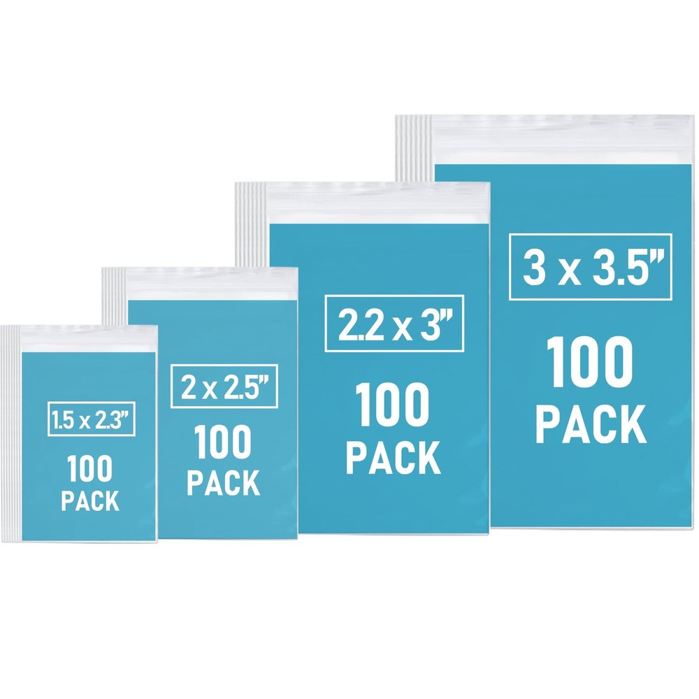 400PCS Small Plastic Bags, 4 Assorted Sizes, 400Pcs Combo, Clear