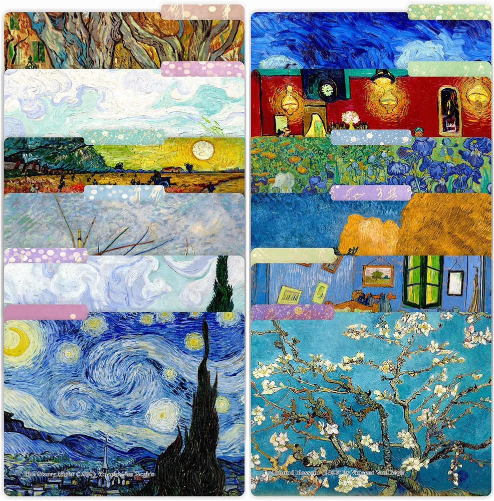 12 Pack Vincent Van Gogh Decorative File Folders, 1/3 Cut Tab with Assorted Posi