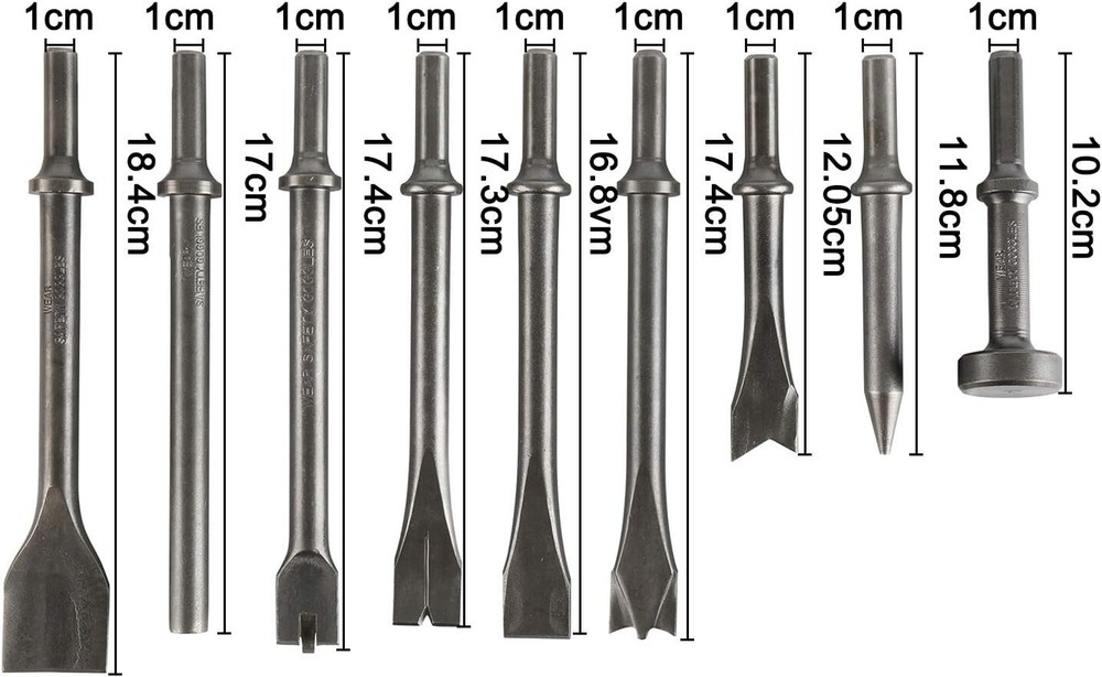 Pneumatic Chisel Set 9pcs Air Hammer Punch Chipping Bits Tool Pointed, Beveled