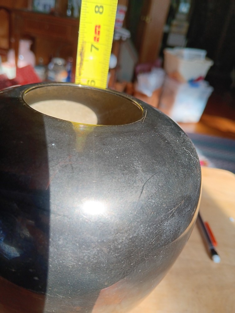 SOLID BRASS VASE 6 " BLACK WITH GOLD STRIPE. 933