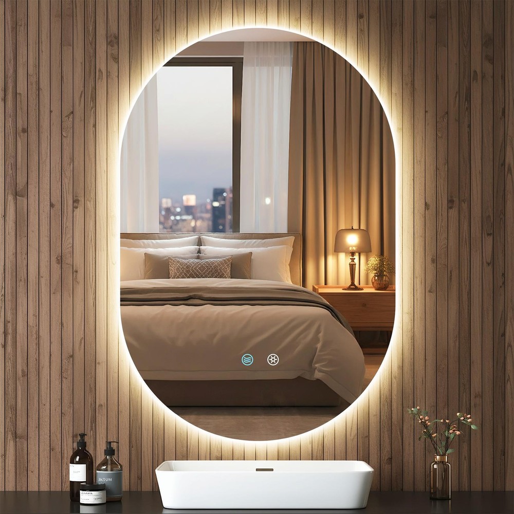 LED Dimmable Lighted Bathroom Mirror Anti-Fog Wall Mounted Rectangle Mirror