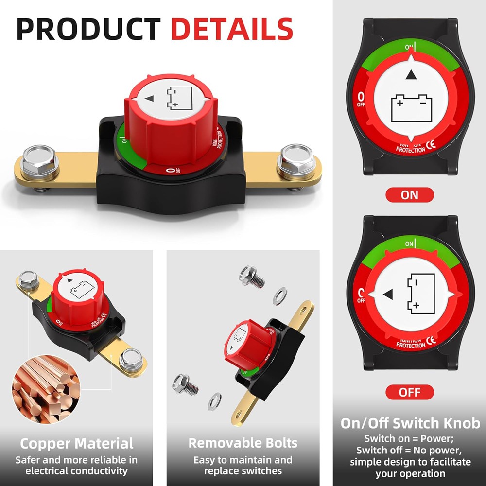 Battery Disconnect Switch Side Post 12V-48V Kill Cut Off Switch For Car RV Boat