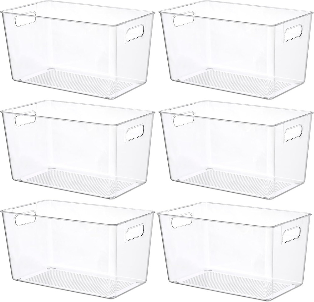 6 PCS Clear Plastic Storage Bins, Pantry Organizer Containers with Handle for...