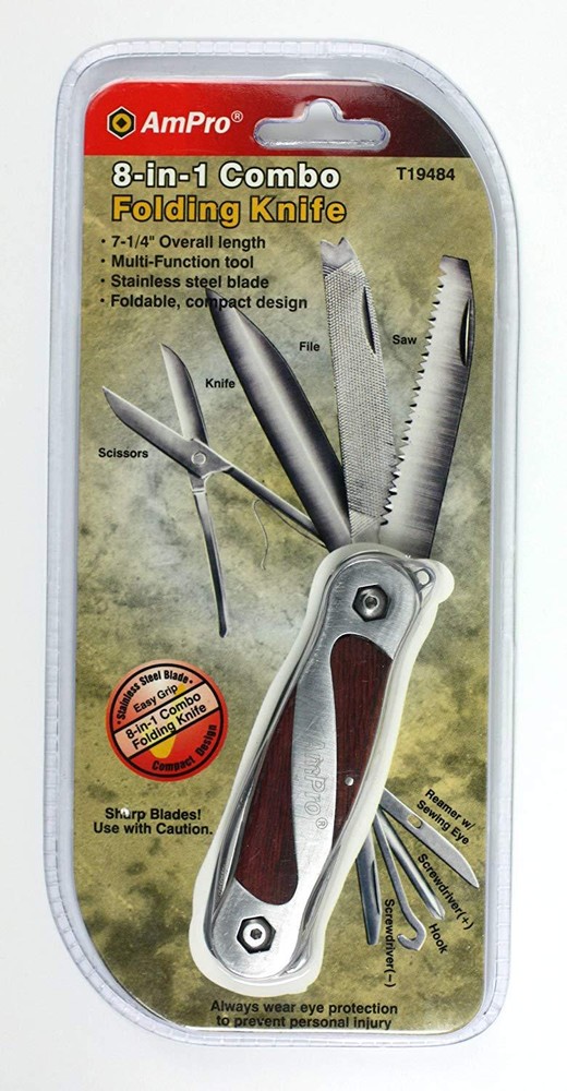 AmPro 8-in-1 Stainless Multi Function Folding Knife w/ Scissors, File and Saw