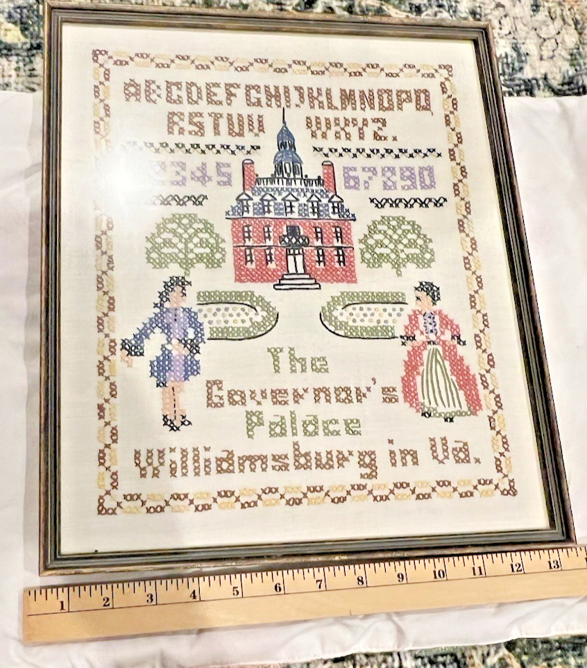 Framed Cross Stitch Sampler Governor’s Palace Williamsburg VA Needlework