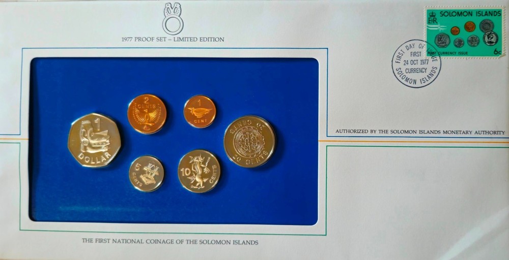 1977 SOLOMON ISLANDS PROOF SET ((7 COINS)) IN 2 FDC'S