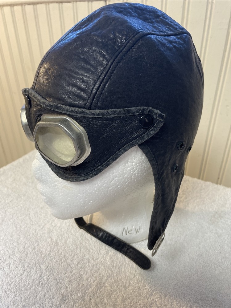 Antique Pilot Aviator Leather Cap Helmet Goggles