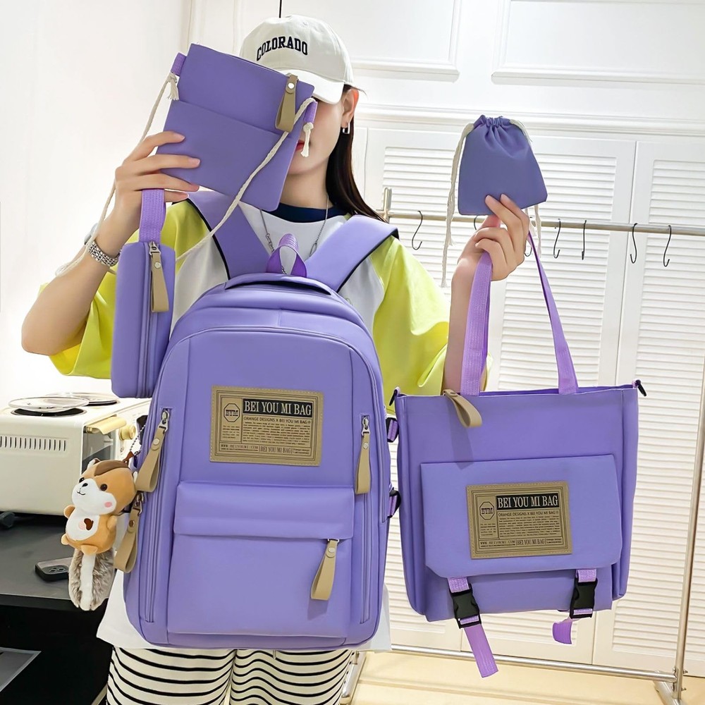 Kawaii Canvas Backpack Set - 5 Pieces Student Pack with Cute Squirrel Accesso...