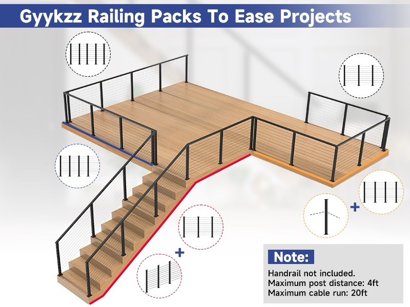 36" Cable Railing Post, Fixed Top Level Drilled Line Post w/Cable Grommets,