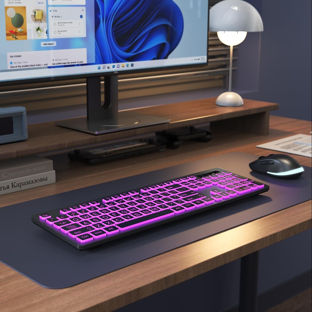Large Print Wireless Keyboard and Mouse - 7 Colors Backlit Keyboard, Oversize