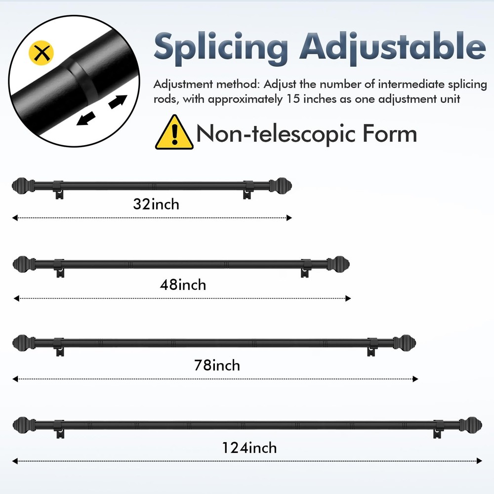 2 Pack Matte Black Curtain Rods, 32-46 inch, 5/8, Splicing, Adjustable, Set