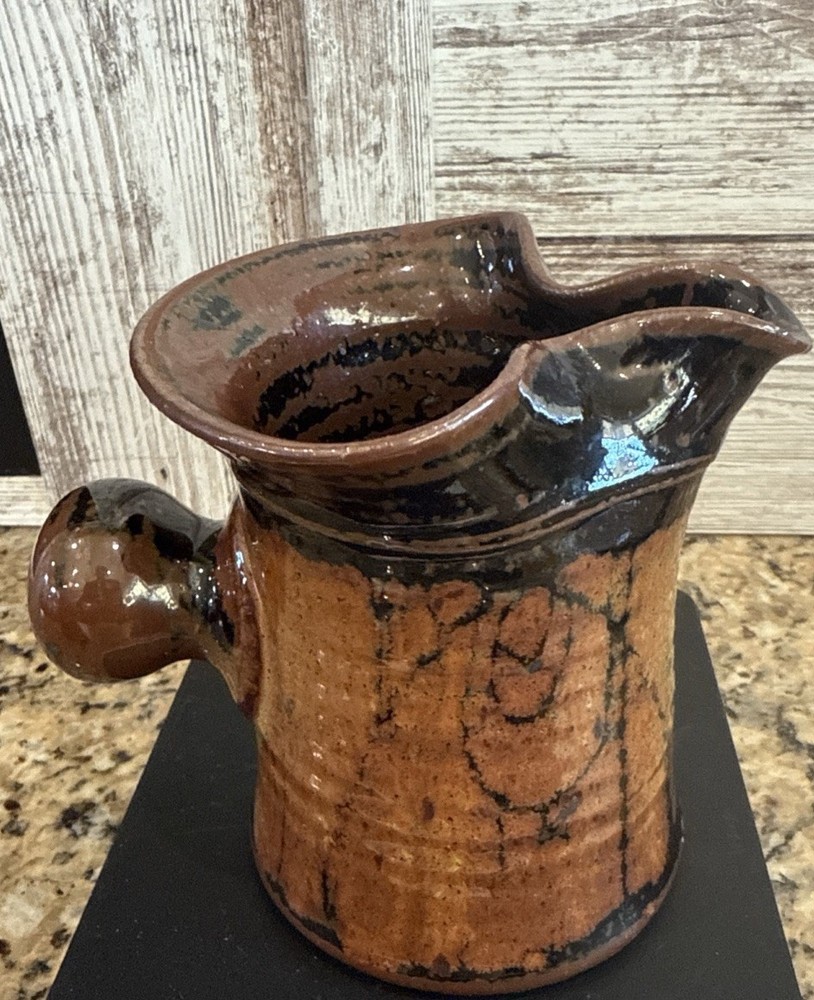 Handmade Pottery Pitcher, Brown/Rust Glaze, Knob Handle, Signed Rustic