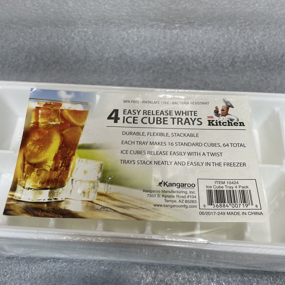 (4 pack) Quick Release Ice Cube Tray, Plastic, White, Rectangular
