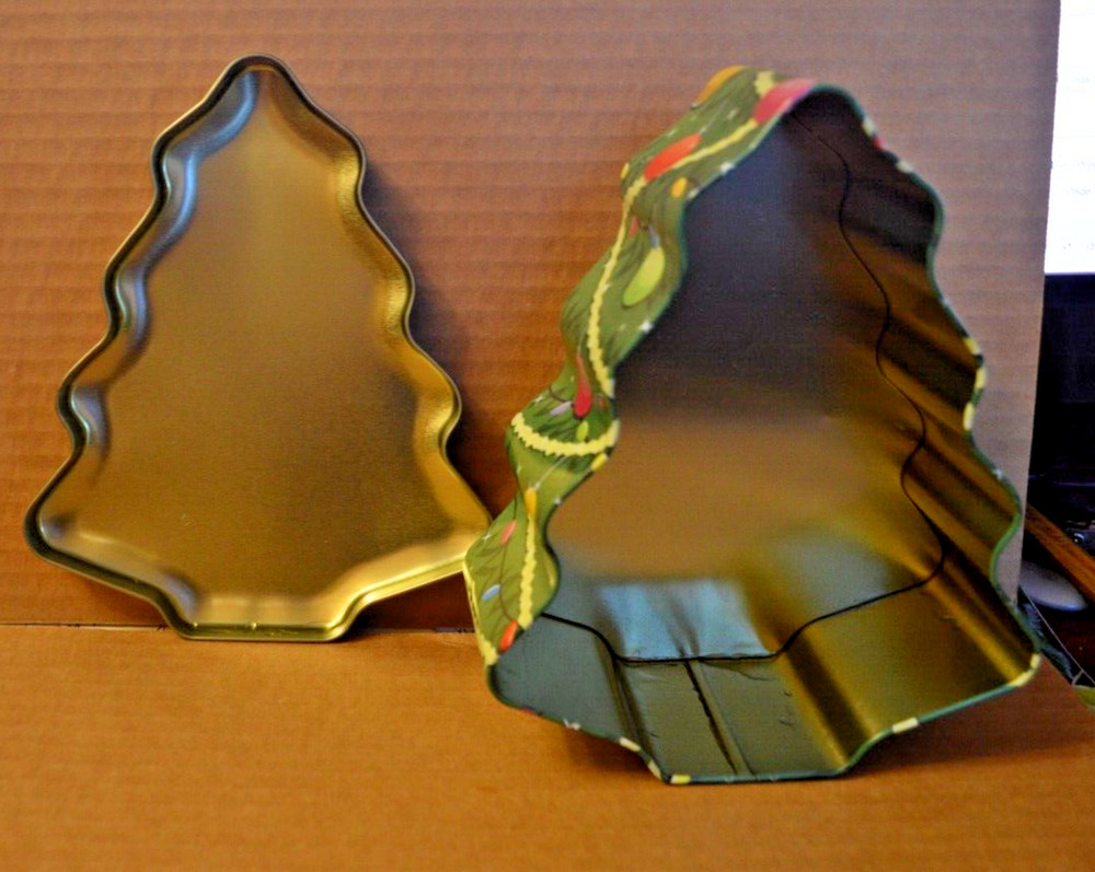 Christmas Tree Shaped Metal Tin Container Bright, Unusual Bulb Color