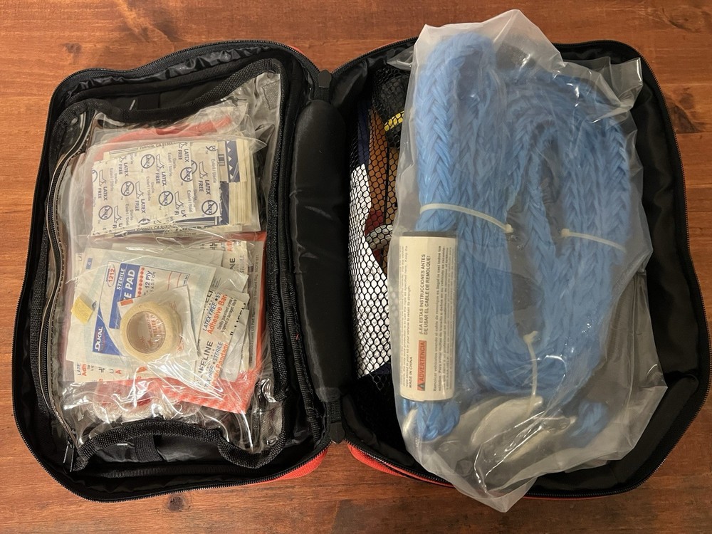 First Aid AAA Excursion Road Kit W/ Jumper Cables, Flashlight, First Aid, Etc.