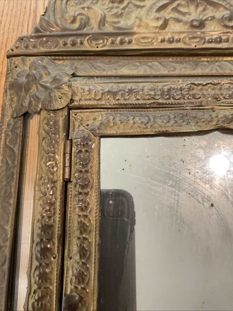 Vintage Embossed Brass Wall Mirror Brush Cabinet 24”