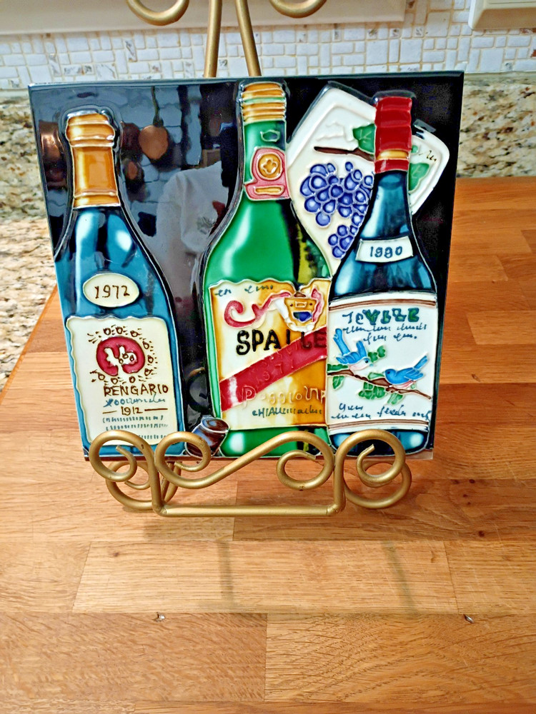 Handcrafted Ceramic Art Tile Painted Wine Bottles and Decorative Elements
