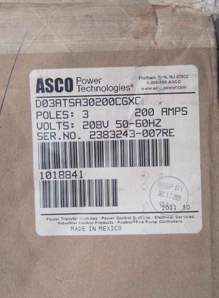 😏 NEW ASCO 200 AMP AUTOMATIC TRANSFER SWITCH 3 POLE 208 VAC D03ATSA30200CGXC