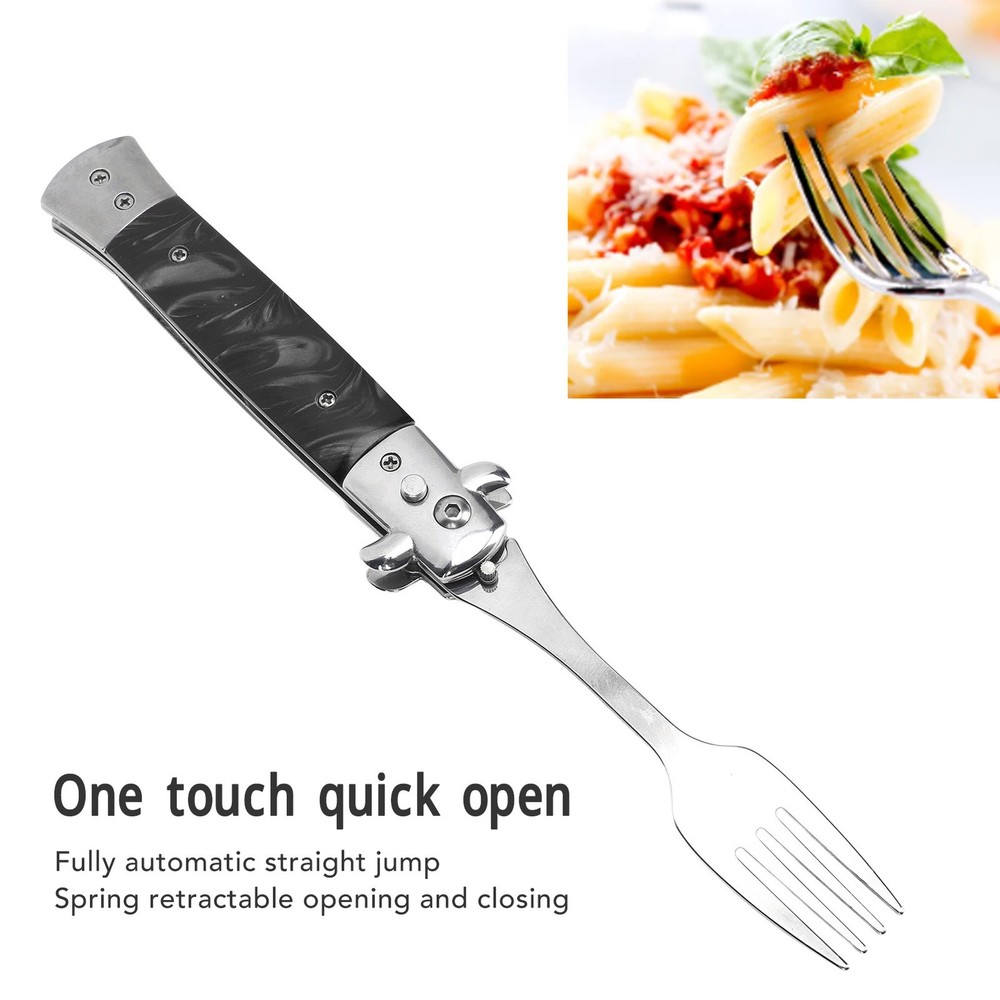 Black Folding Spring Camping Fork One Button Flick 304 Stainless Steel WT