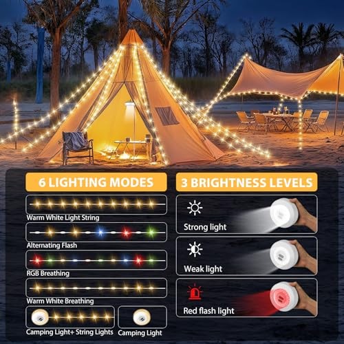 2Pack Camping String Lights, 4 in 1 Quick Storage 32.8FT 2PACK Warm & RGB