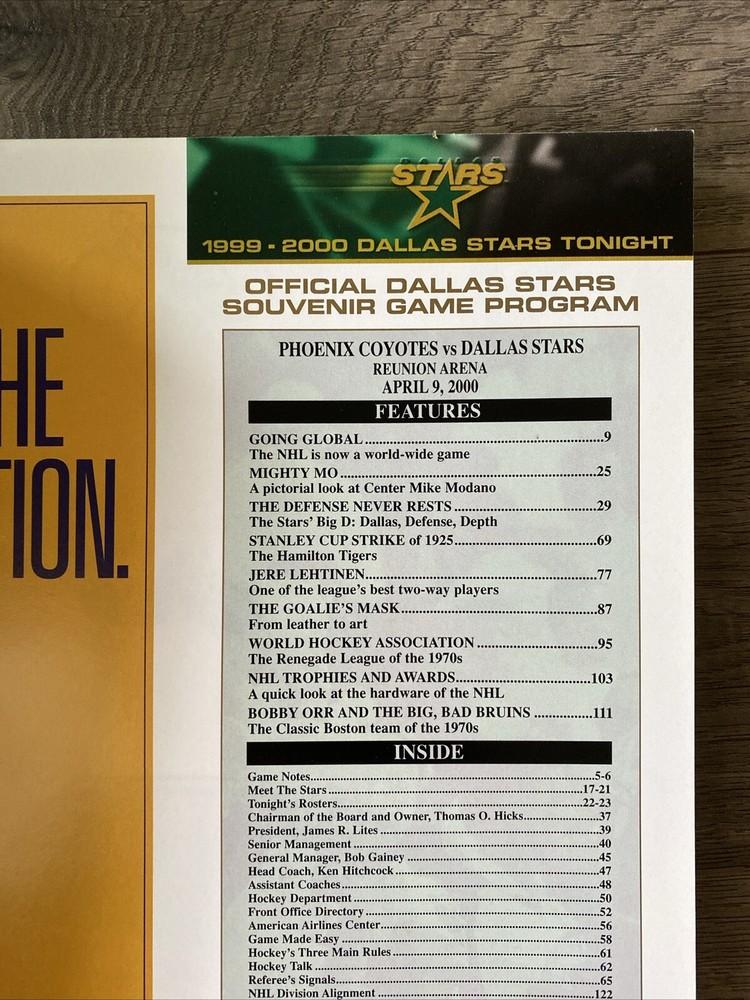 2000 NHL HOCKEY PROGRAM DALLAS STARS VS PHOENIX COYOTES GAME PROGRAM VINTAGE