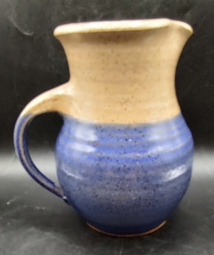 Hand Spun Brown And Blue Pottery Pitcher Signed