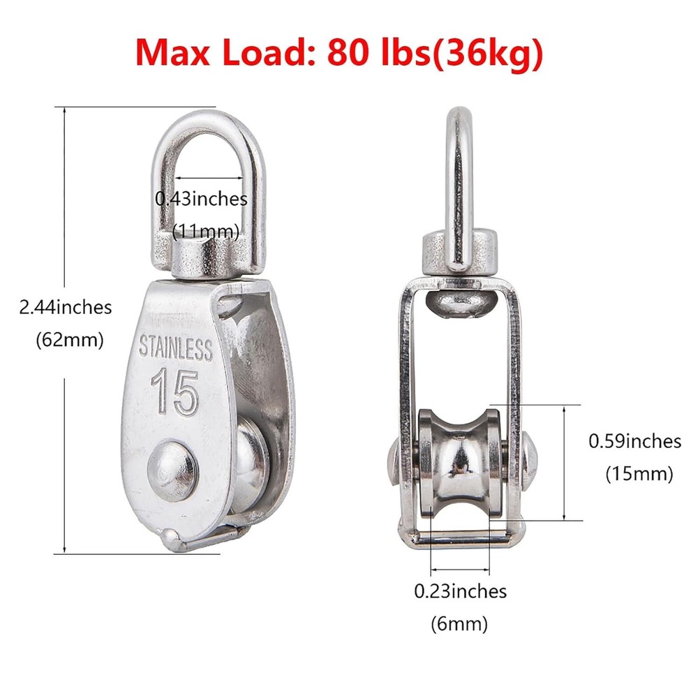 2Pcs M15 Heavy-Duty Stainless Steel Block & Spring Snap Hook - Max Load 80 lbs