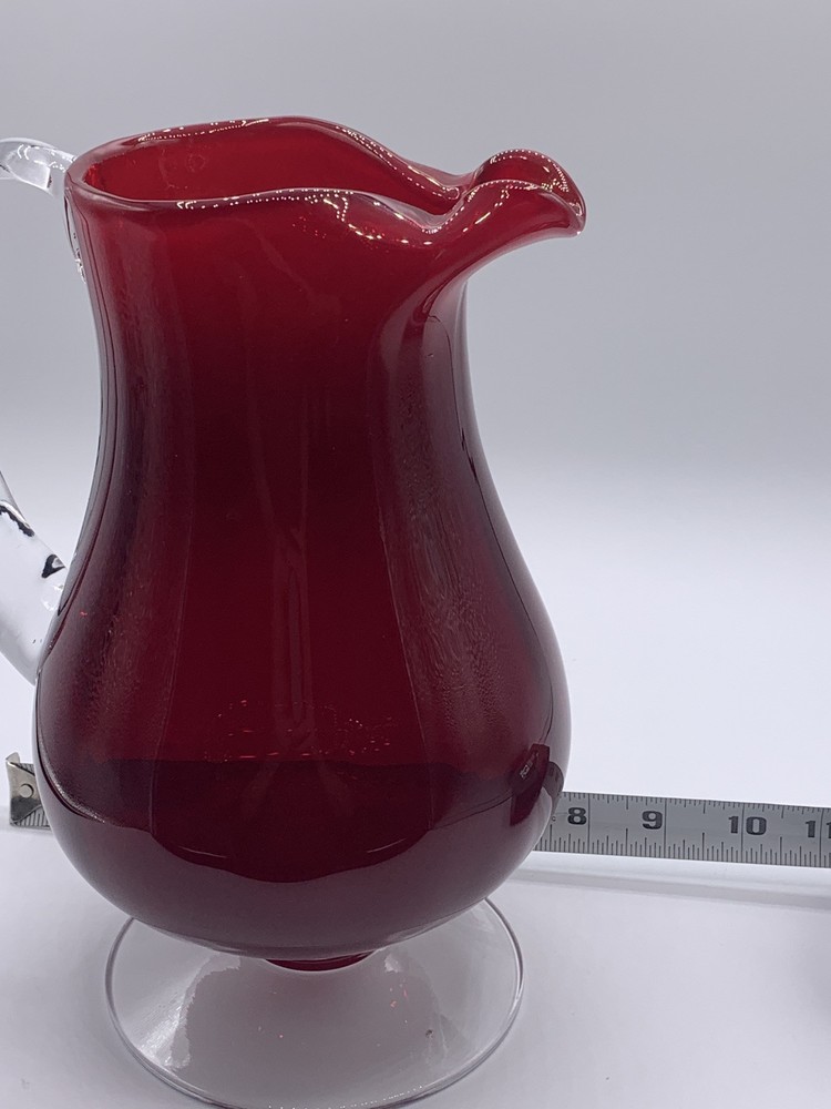 Vtg Polish? Thick Ruby Red Clear Handle Base Glass Water Punch Pitcher 10 " READ