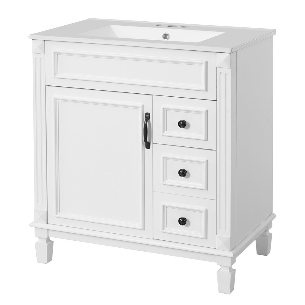 White 30" Bathroom Vanity w/ Ceramic Sink, 2 Drawers, Modern Small Cabinet