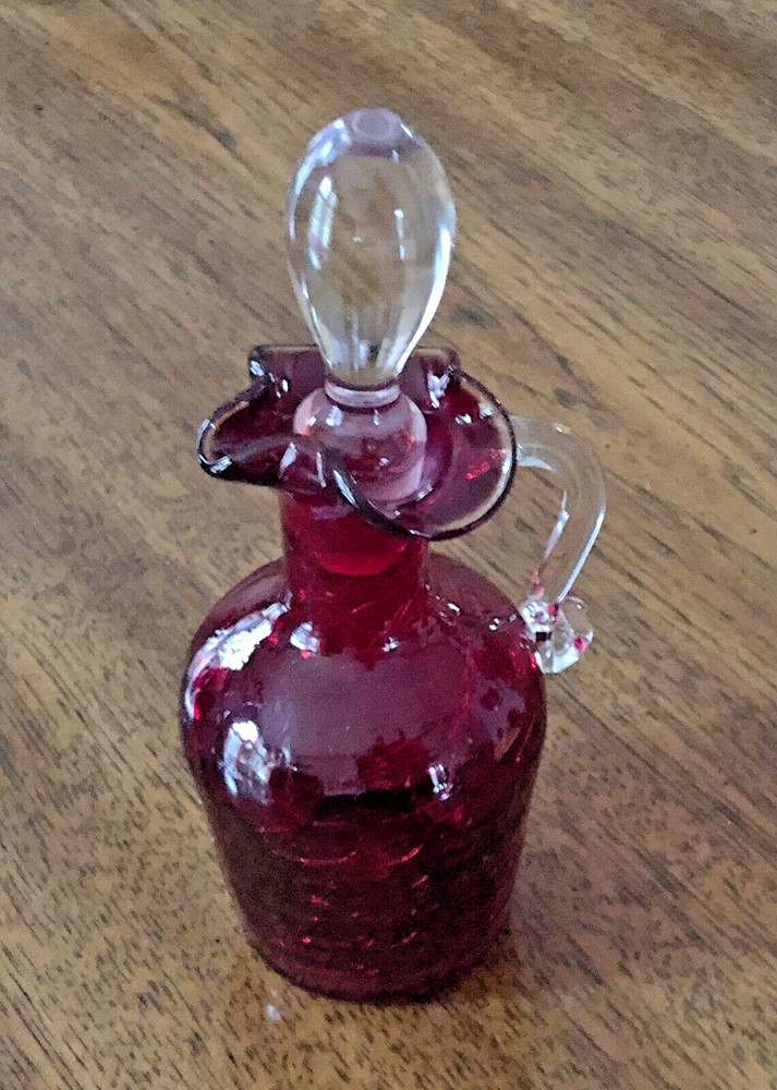 Vintage Ruby Red Hand Blown Cruet w/ Clear Glass Stopper & Handle