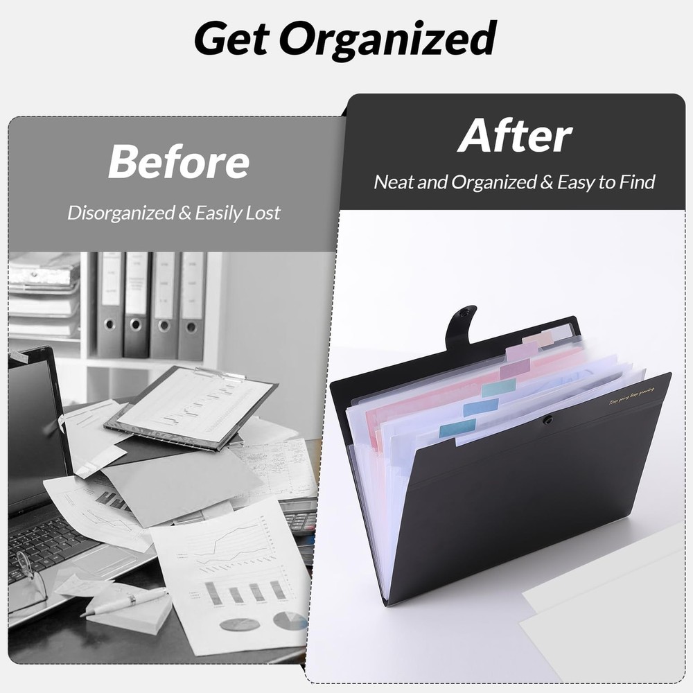 SKYDUE Accordion File Organizer, Expanding Folder with 8 Pockets, Black
