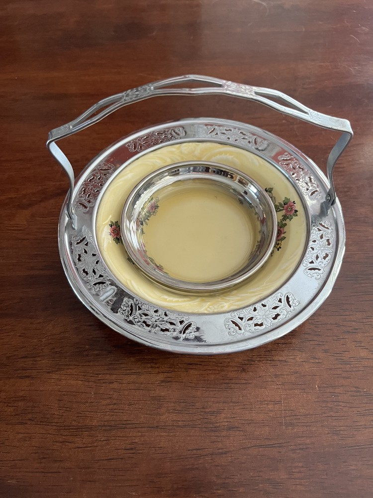 Vintage Provincial Ware Floral Bowl Silverplate Serving Caddy w Handle Insert