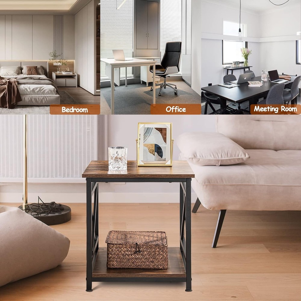 Industrial End Table Side Table with 2-Tier Storage Shelf, 18'' Square