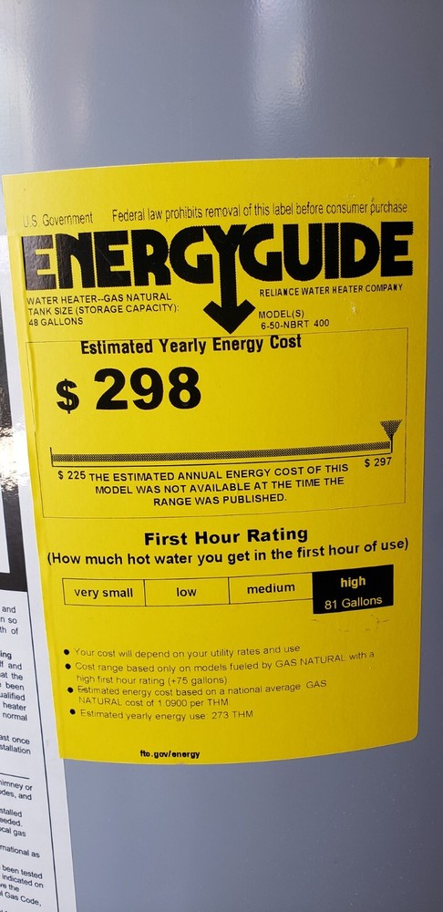 RELIANCE 50 Gallon 40000 Btu Natural Gas Water Heater
