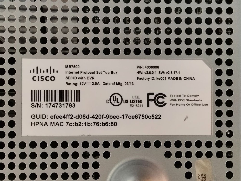 ATT U-Verse Cisco ISB7500 Internet Protocol Set Top Basic Box & Power Cord
