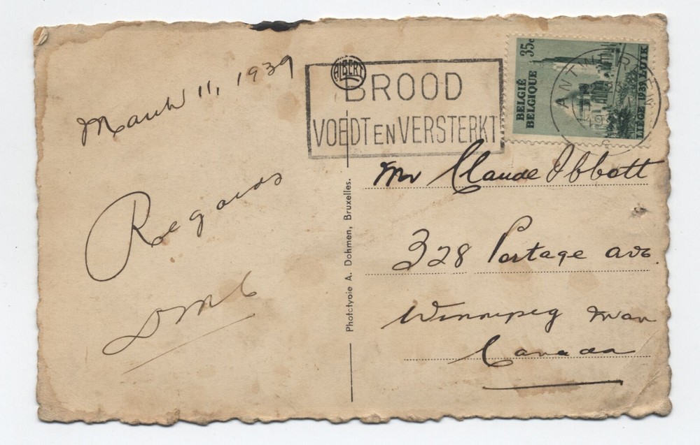 1939 Antwerp Belgium postcard to Canada [SR.481]