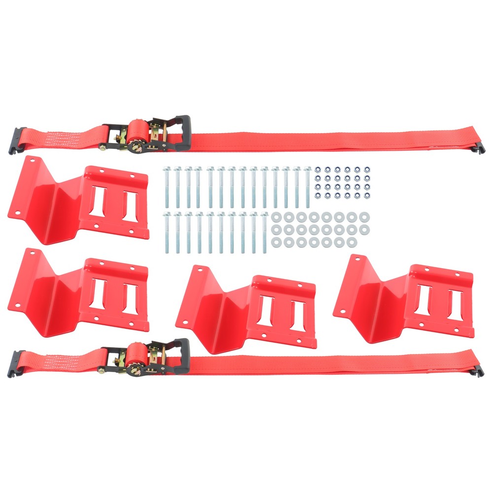 LABLT Secure Cargo E Track Wheel Chock System 8' Red Ratchet Tie Down Straps