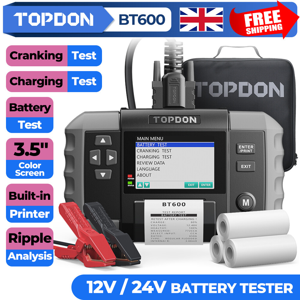 TOPDON BT600 Battery Tester Load Test Tool & Thermal Printer with Printer Paper