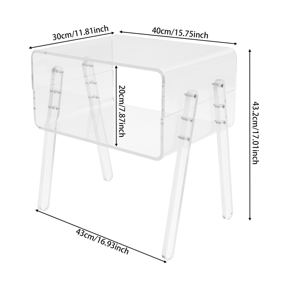 End Table Rectangular, Modern Clear Side Table Open Compartment Table for Couch
