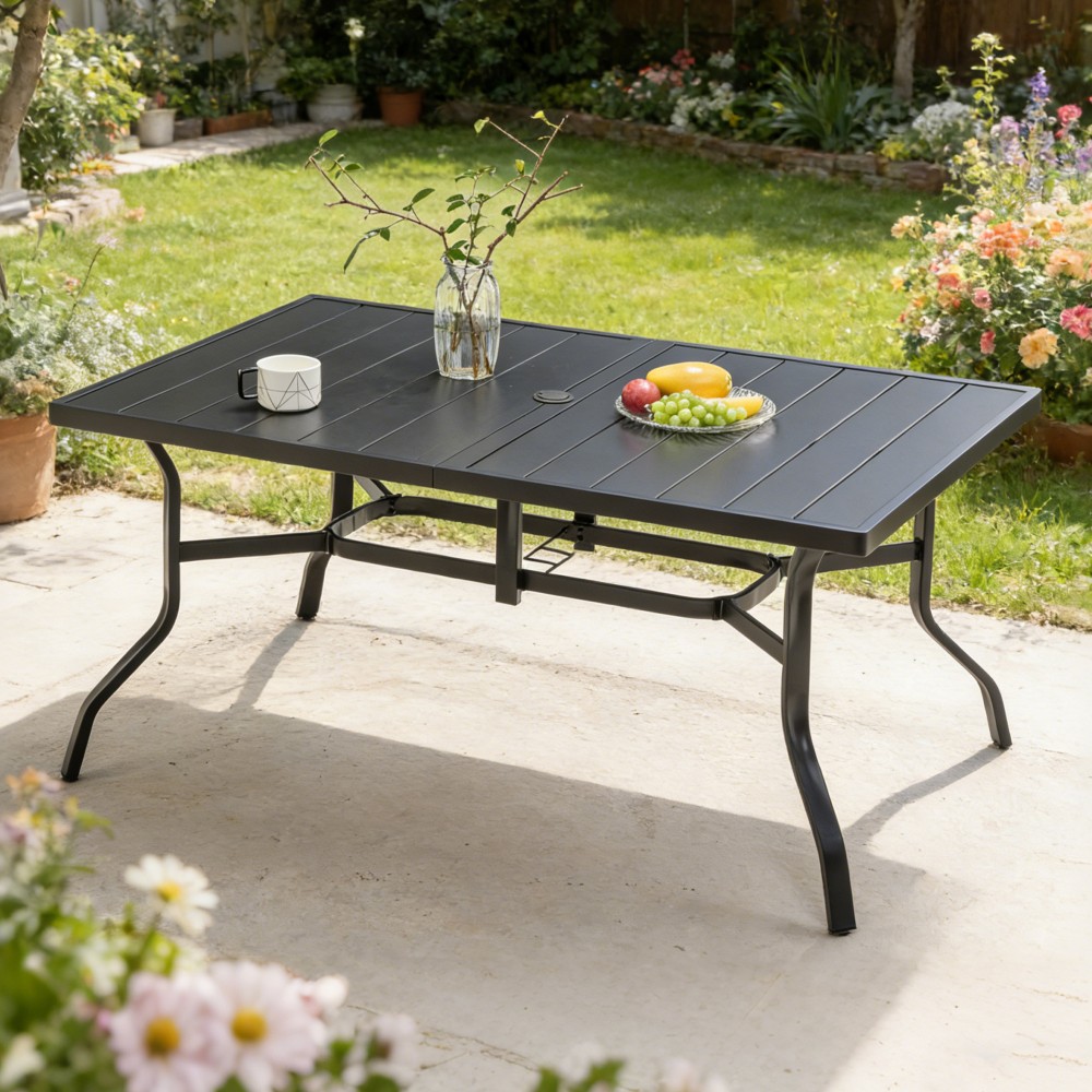 Rectangular Metal Patio Dining Table with Umbrella Hole Anti Slip Pads