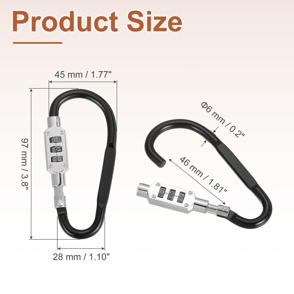 3.8" x 1.8" D-Shaped 3-Digit Code Combination Lock D-Ring Clip Locking, Black