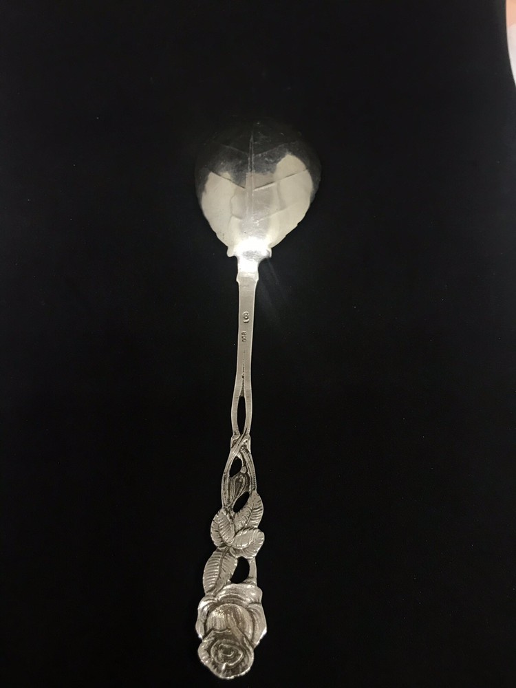 ANTIQUE ROSE HANDLE GERMANY 800 SILVER 7'' SERVING SPOON LEAF BOWL