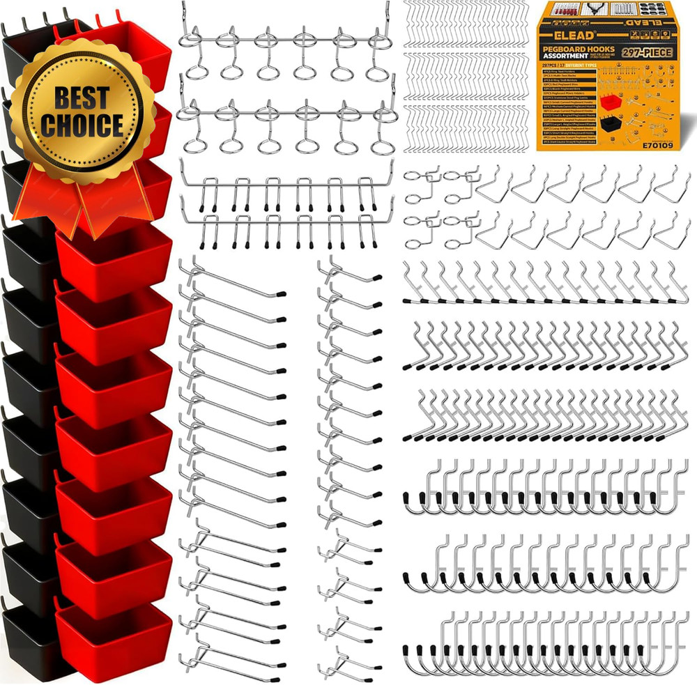 297 Piece Pegboard Hooks Kit, Peg Board Organizer Accessories with Bins for Orga