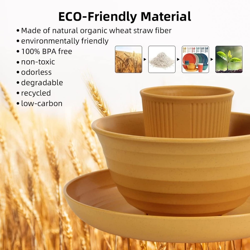 Wheat Straw Dinnerware Sets 36 Piece Unbreakable Dinnerware Sets, Reusable Wheat