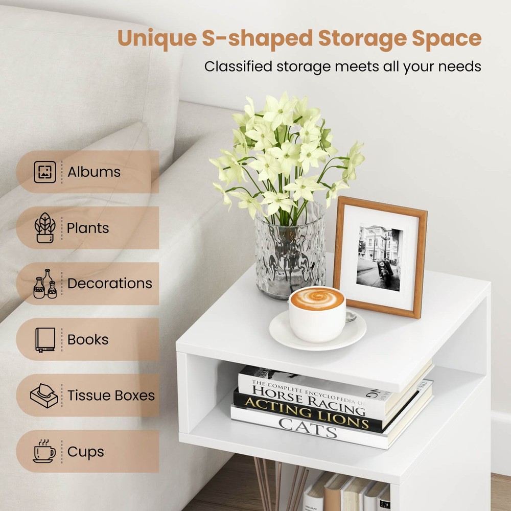 2PCS S-Shaped Side Table for Small Space Morden End Table w/S-Shaped Frame White