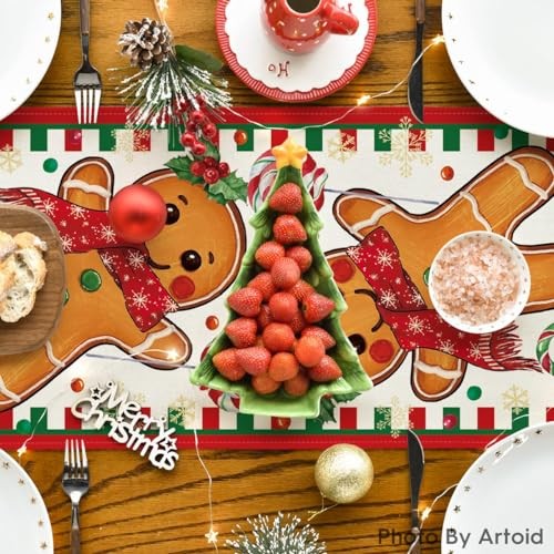 Gingerbread Candy Cane Christmas Table Runner, 13" x 72", Table Runner Red