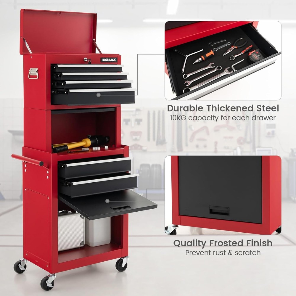 ERGOMASTER Rolling Tool Chest - Removable Top Box Large Bottom Cabinet with Cast