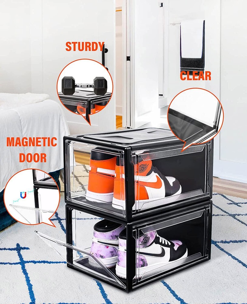 3Pack Magnetic Drop Front Shoe Box Clear Plastic Stackable Storage Bins Large
