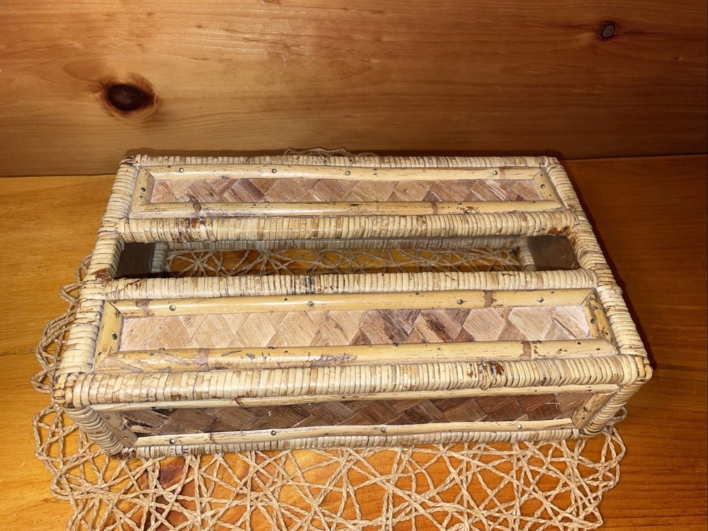 Vintage Tissue Box Cover Holder Bamboo Rattan Wicker Coastal Boho Rectangular